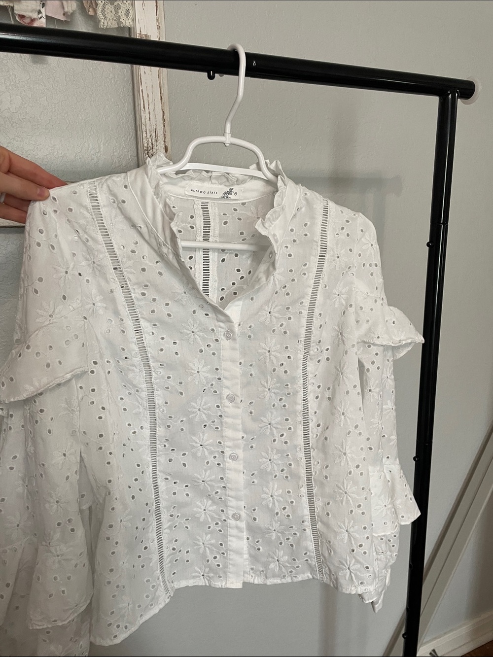 Altar'd State White Eyelet Button-Front Ruffle Blouse